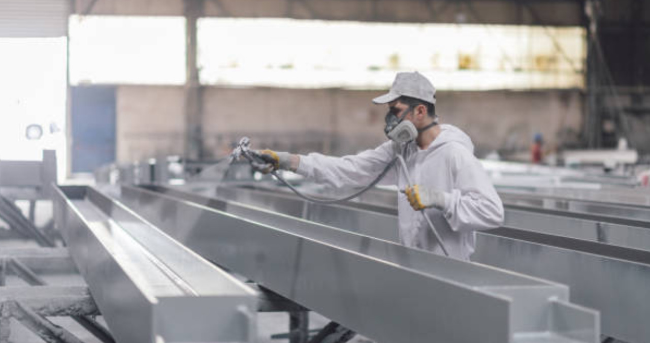 Professional commercial painting specialist applying protective coating to industrial metal beams in a warehouse setting.